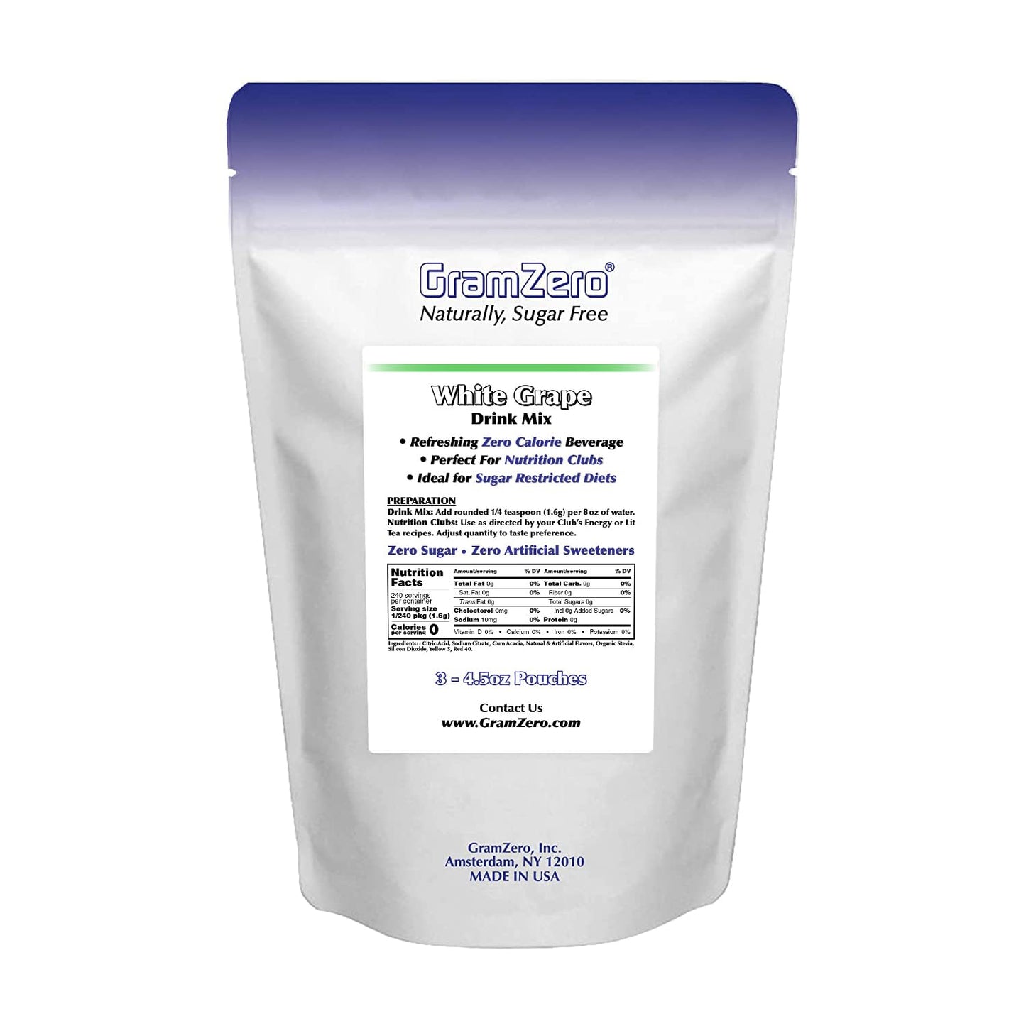 Gramzero White Grape Zero Calorie Sugar Free Drink Mix, Great For Nutrition Club Loaded Teas, Stevia Sweetened