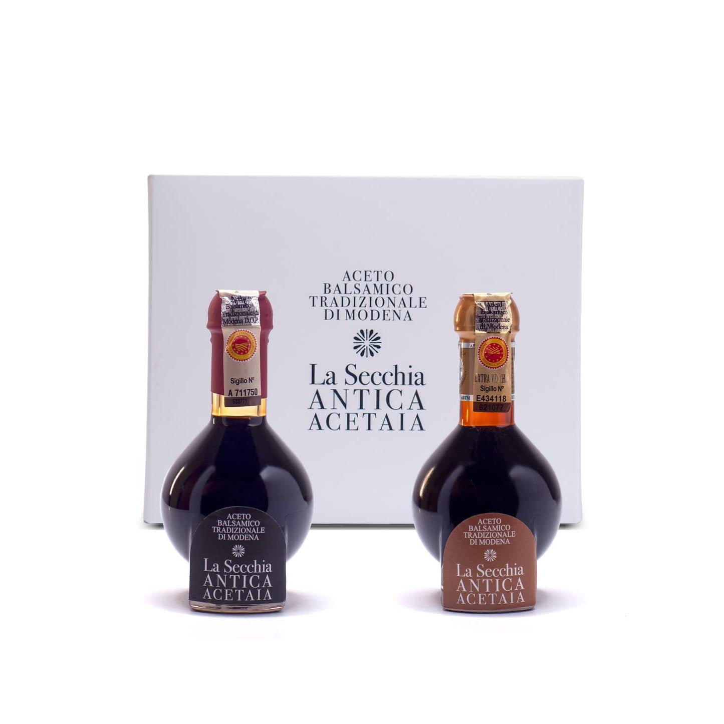 La Secchia - Duetto Of Traditional Balsamic Vinegar Of Modena Dop With Aging Of 20 And 35 Years, Two Bottles Of 100 Ml With Glas