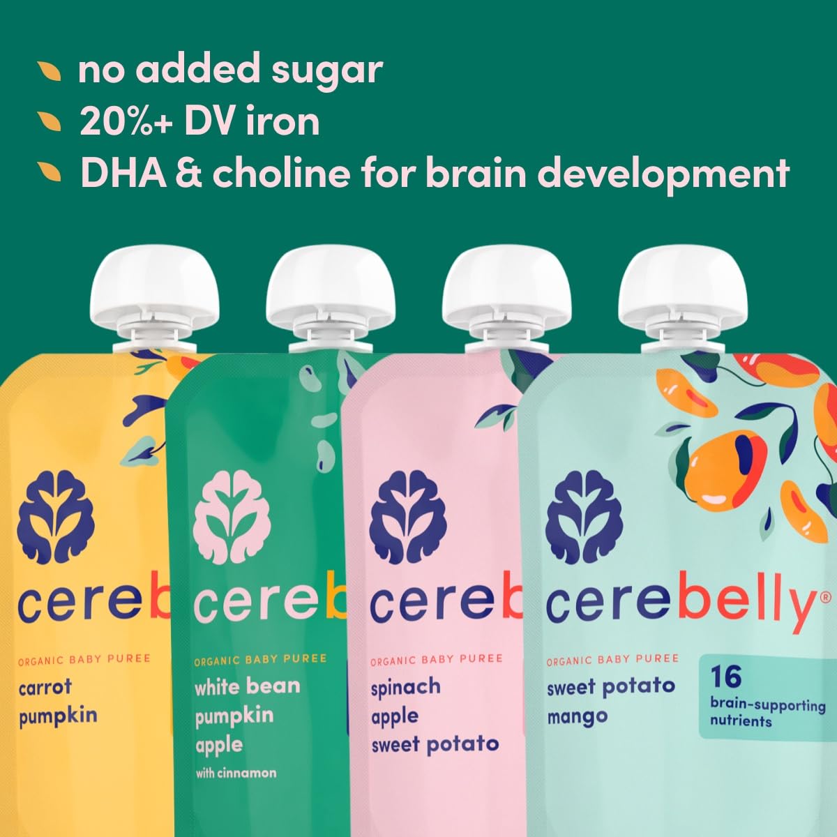 Cerebelly Organic Baby Food Pouches - 6+ Months | Clean Label Project Certified | 16 Nutrients, No Added Sugar, Non-Gmo | Toddle