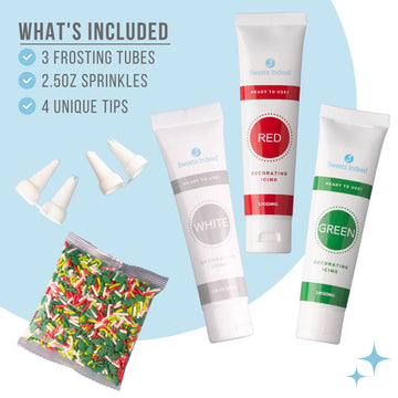 Sweets Indeed, Christmas Frosting Kit plus Sprinkles, 3 Frosting Tubes, 2.5 ounces Sprinkes, 4 nozzles, 11.31 ounces, Perfect fo