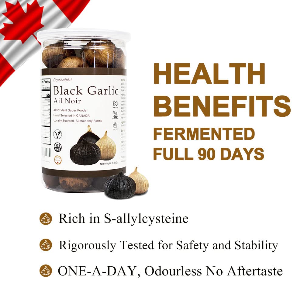 Orgnisulmte Whole Black Garlic Bulbs - Fermented 90 Days, All Natural, 8.82 Oz - Black Garlic Cloves Made in Canada