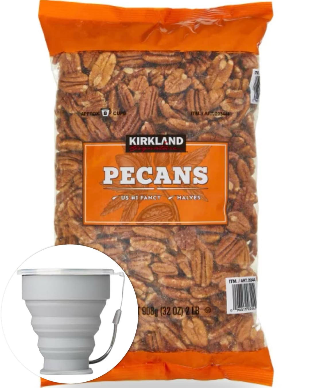 Kirkland Signature Pecan Halves, Baking Nuts, 2 lbs Item 203444. Bundle with MORALZA Silicone Collapsible Cup 200ml - 2 Items.