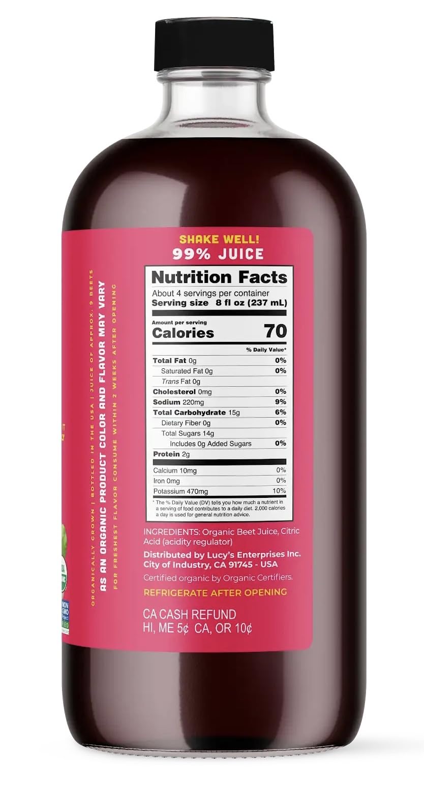 Lucy’S Family Owned - American Beets Organic 99% Pure Beet Juice, 34 Oz. Glass Bottle (Made From Fresh Pressed)