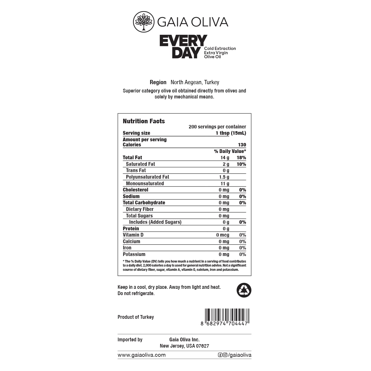 Gaia Oliva Everyday Extra Virgin Olive Oil, Cold Pressed, Single Origin, Kosher, Delicate, Smooth Fruity Flavor, 2022 Harvest Ol