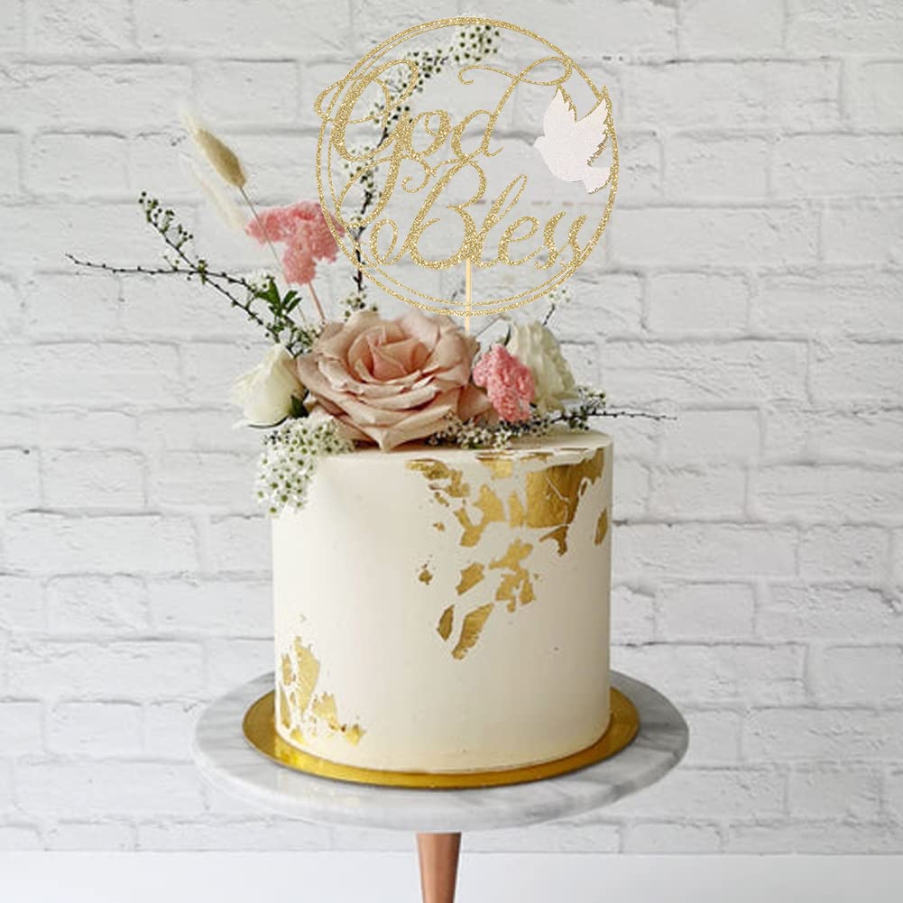 LINLULU Cake Topper - Glitter Gold Dove for First Communion, Baptism, Christening - Model 001 - Paper Decoration