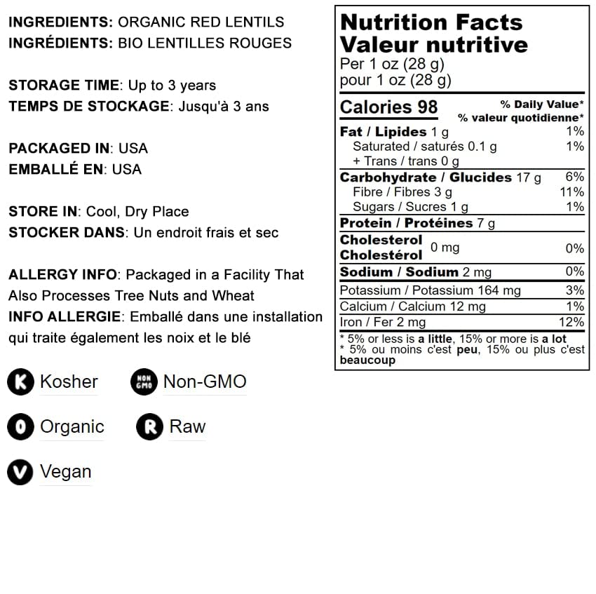 Food to Live Organic Red Split Lentils, 20 Pounds - Non-GMO, Masoor Dal, Dried, Vegan, Kosher, Bulk. No Soaking Required. Source