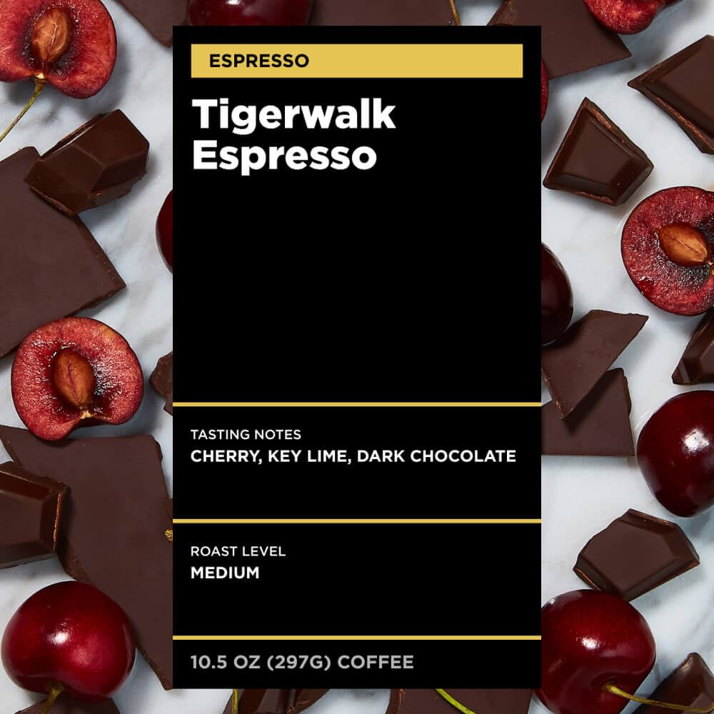Equator Coffees, Tigerwalk Espresso, Whole Bean Coffee, Medium Roast, Fresh Roasted, Cherry, Chocolate, Strawberry And Lemon Flavor Notes, Sustainable, 10.5 Oz Bag