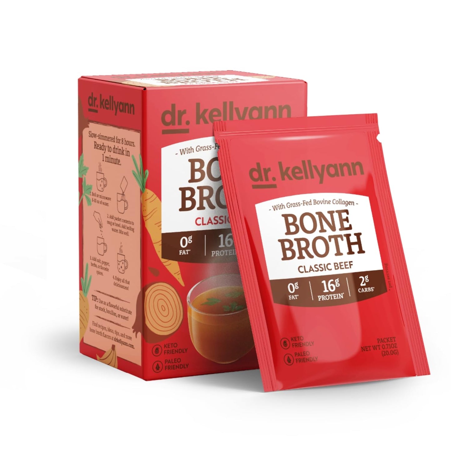 Dr. Kellyann Classic Beef Bone Broth Collagen Powder Packets (7 Servings) - 16g Protein, Grass-Fed Hydrolyzed Collagen, Keto & P