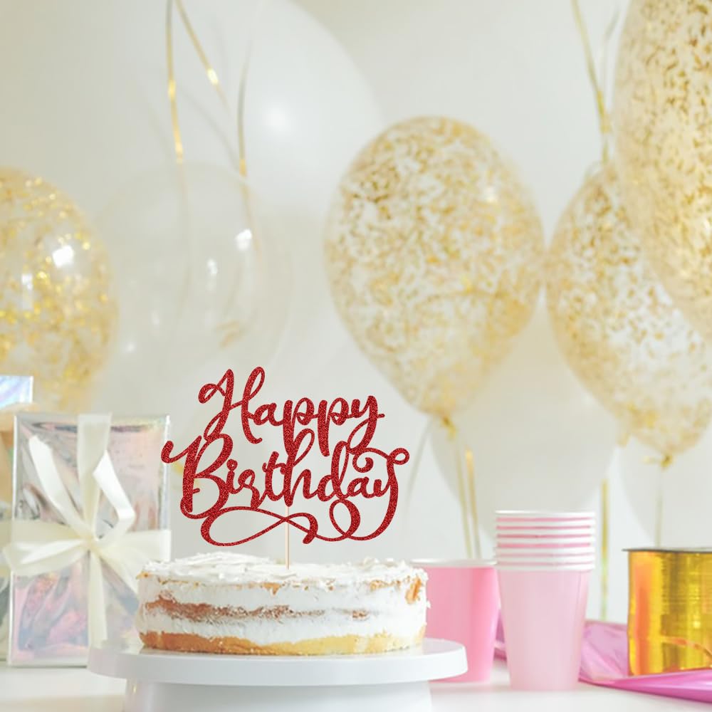 Yetxel Gold Glitter Happy Birthday Cake Topper, 7x8 inches, Red Paper Decoration for Party and Anniversary