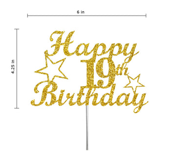 RokAPary 19th Birthday Cake Topper Gold Glitter, Acrylic, Sturdy Double-Sided, Model RCT217