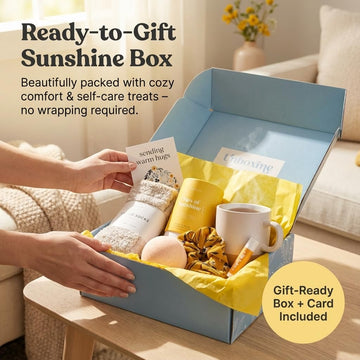 Unboxme Sunshine Gift For Women | Self Care Package With Organic Herbal Tea, Fluffy Cloud Socks, Ceramic Mug, Citrus Bath , Beeswax Lip Balm, A Fun Floral Scrunchie + A Sending Hugs Card