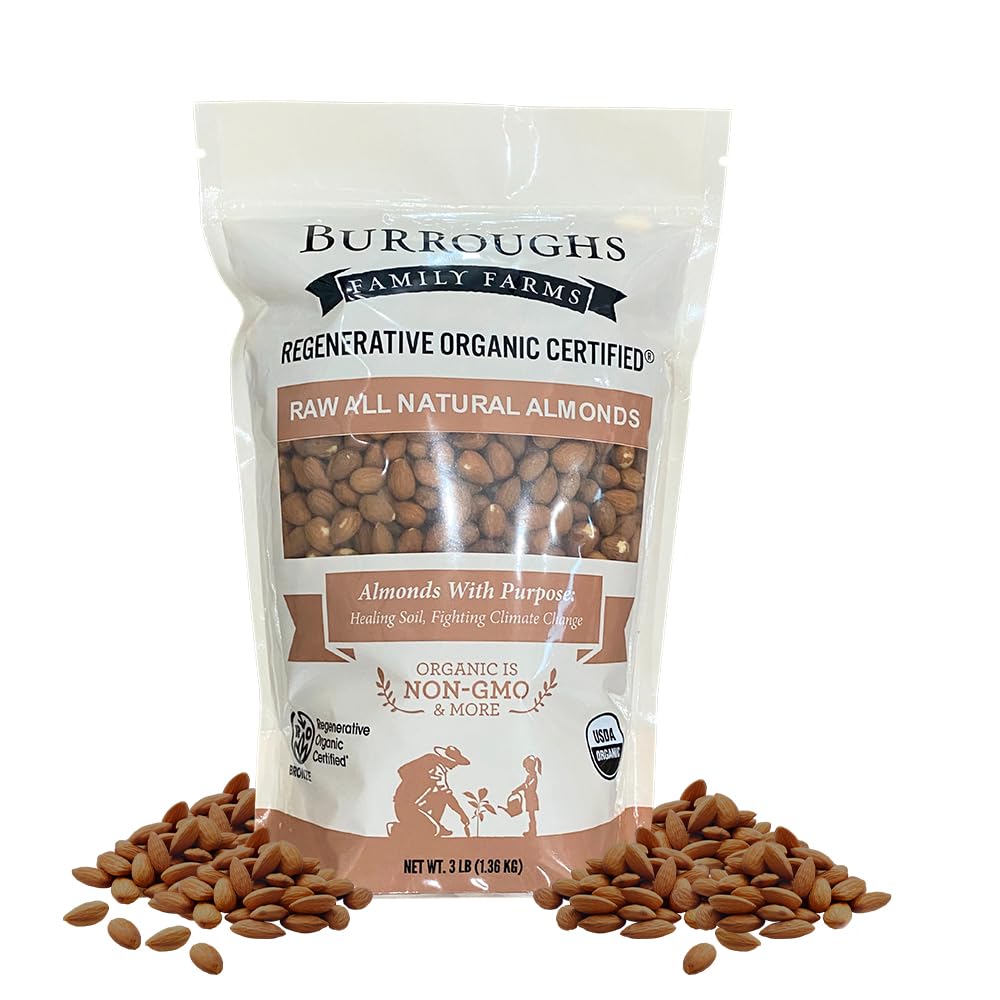 Burroughs Family Farms 3 Lb Regenerative Organic Natural Raw Almonds - Gluten-Free, Non-Gmo Paleo Keto Almonds - 0% Sodium & Cho