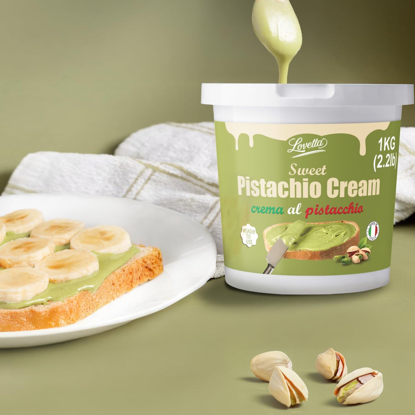 Lovetta Pistachio Cream 1kg – Sweet Italian Pistachio Butter for Desserts, Toppings & Baking, Rich Paste for Knafeh Bar
