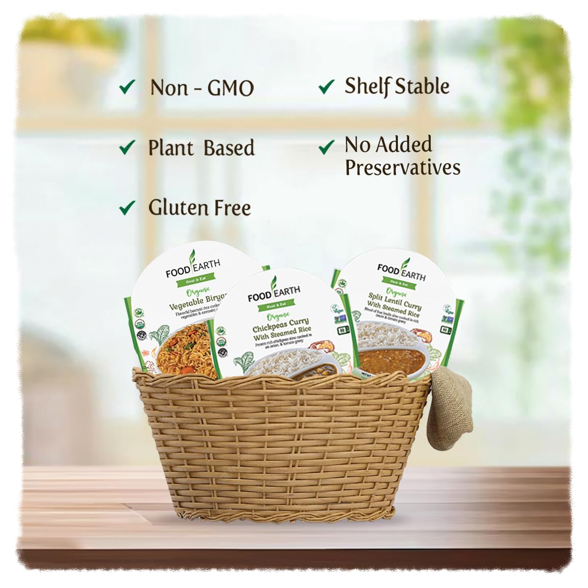 Food Earth Ready To Eat Indian Cuisine Bundle - Split Lentil Curry, Chickpeas Curry With Steamed Rice & Vegetable Biryani - Orga