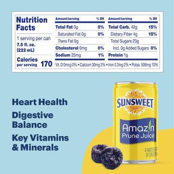 Sunsweet Amazin Prune Juice Small Cans - Water Extract Of Dried Prunes Pitted Unsweetened - Low Fat - 100% Juice Rich In Dietary