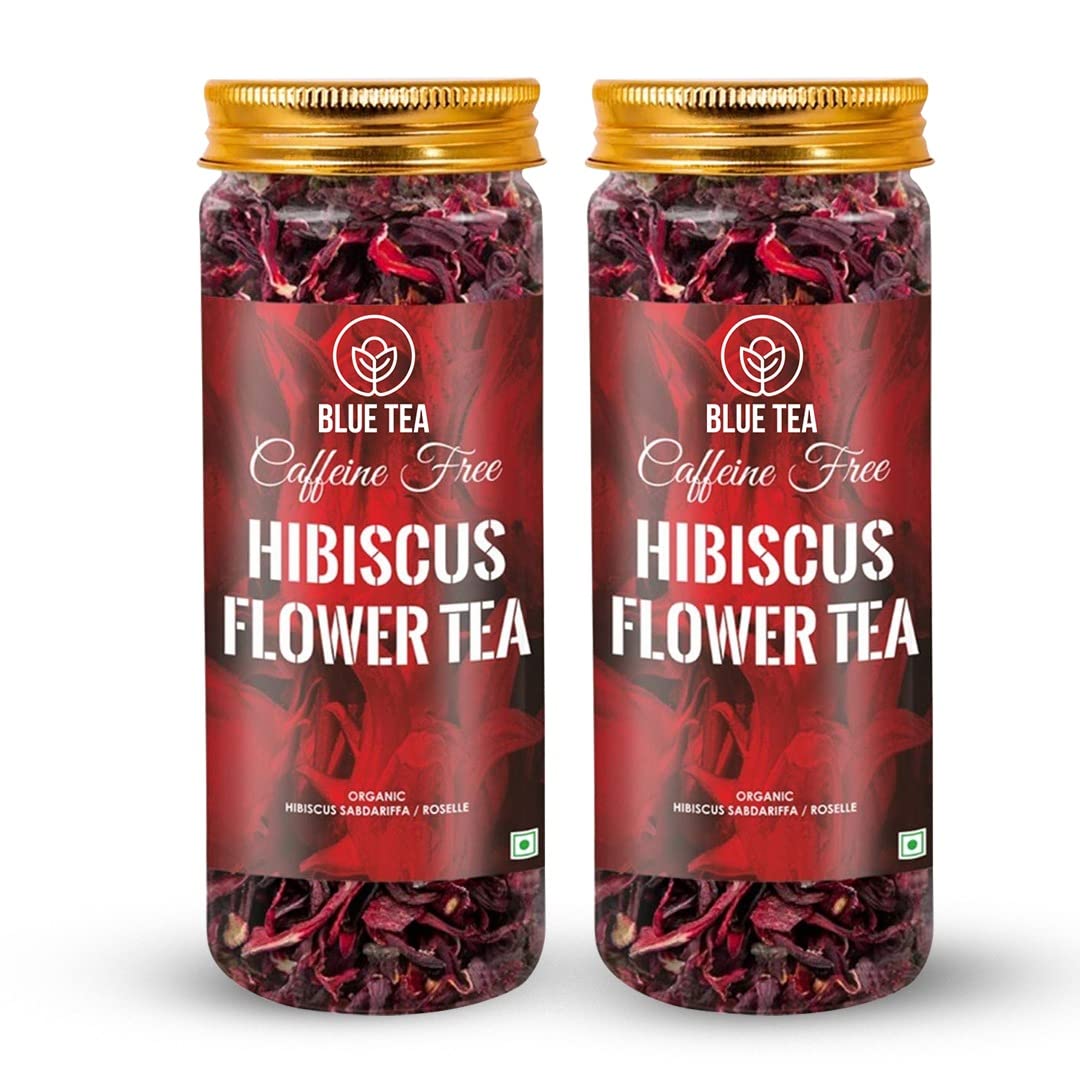 Blue Tea - Hibiscus Tea - 1.76 Oz - Pack Of 2 (100 Cups) Loose | Skin Glow Enhancing Tea | Herbal Tea - Flower Based - Non-Bitter - Energy Blend Free - Tangy Flavour - Vegan | Reusable Pet Jar