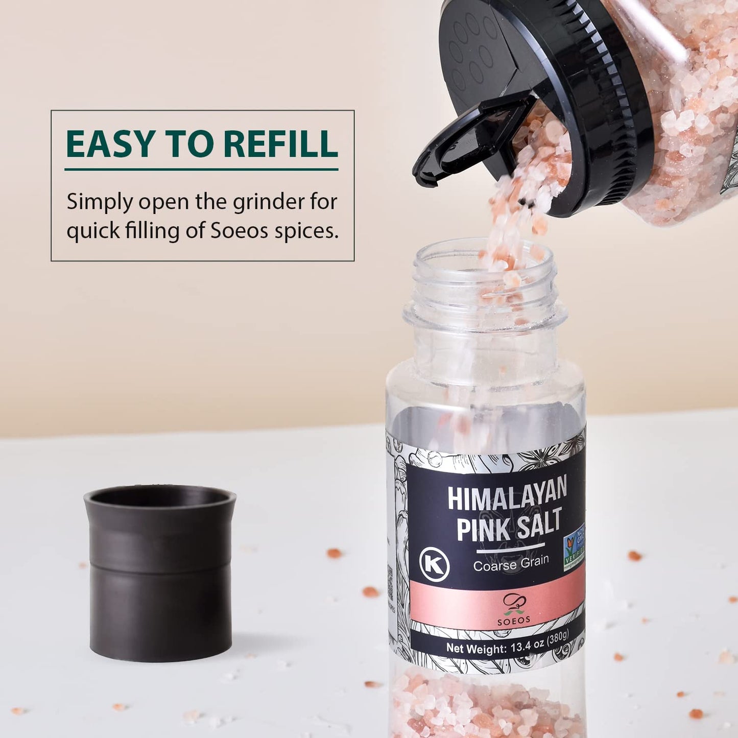 Soeos Whole Black Peppercorns, 6.7oz (190g) and Himalayan Pink Salt, 13.4oz (380g), Plastic Bottle Grinder with Spice Grinder wi