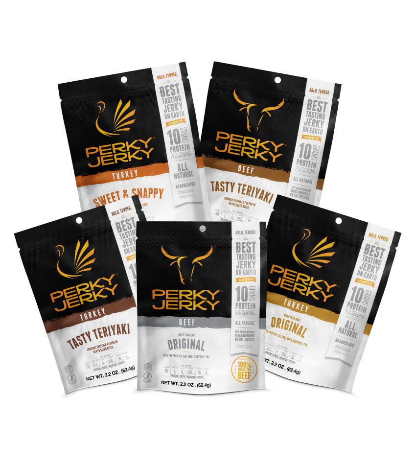 Perky Jerky Variety Pack 1Oz Trial Bags 5 Unique Beef And Turkey Flavors (Pack Of 5)