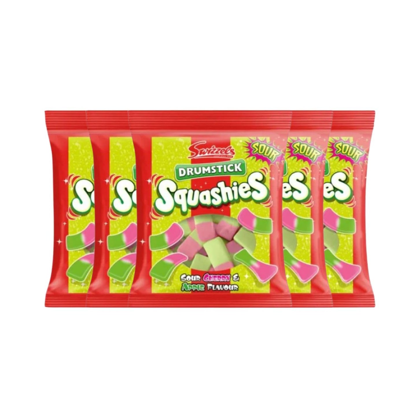 Squashies DrumStick Sour Cherry & Apple Flavor Candies - MultiPack - 120G (5 PACK BUNDLE) - Imported from UK (Cherry)