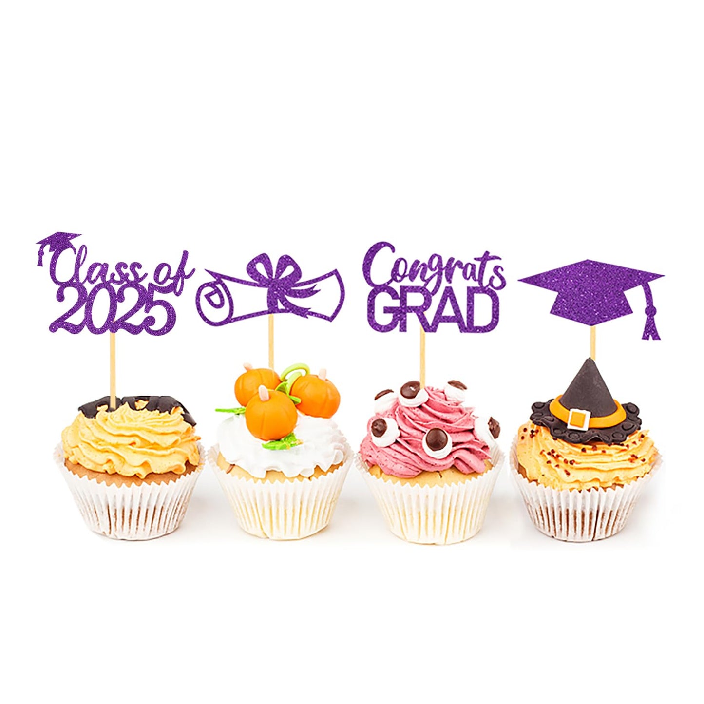 Moitkptt Graduation Cupcake Toppers - 24Pcs Purple Class of 2025 Cake Decorations, Paper Material