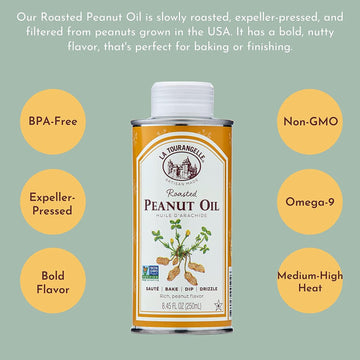 La Tourangelle, Roasted Peanut Oil, Slow Roasted Expeller-Pressed for Rich Flavor, Perfect for Cooking & Baking, Med-High Heat,