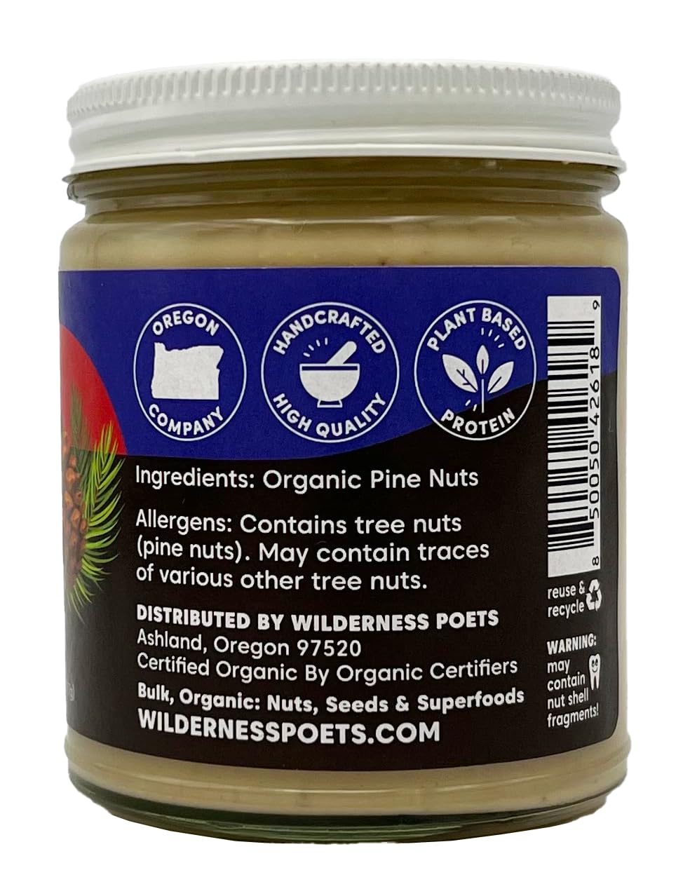 Wilderness Poets, Pine Nut Butter - Organic, Raw, 100% Pine Nuts (8 Ounce) - No Salt, No Sugar, Creamy & Buttery - Glass Jar
