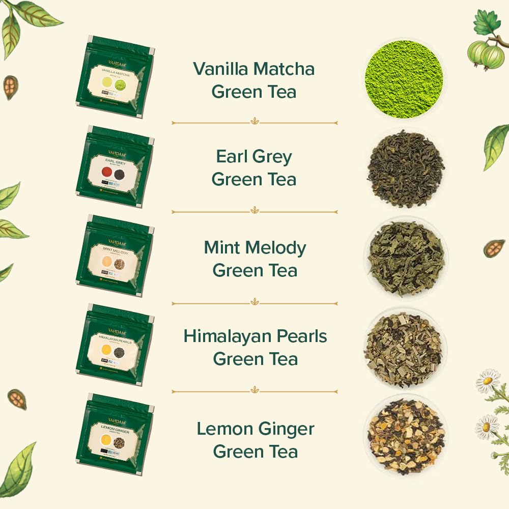 VAHDAM, Assorted Green Tea Loose Leaf Tea Sampler (10 Flavours, 50+ Servings) Exotic Green Tea Blends from Himalayas with 100% N