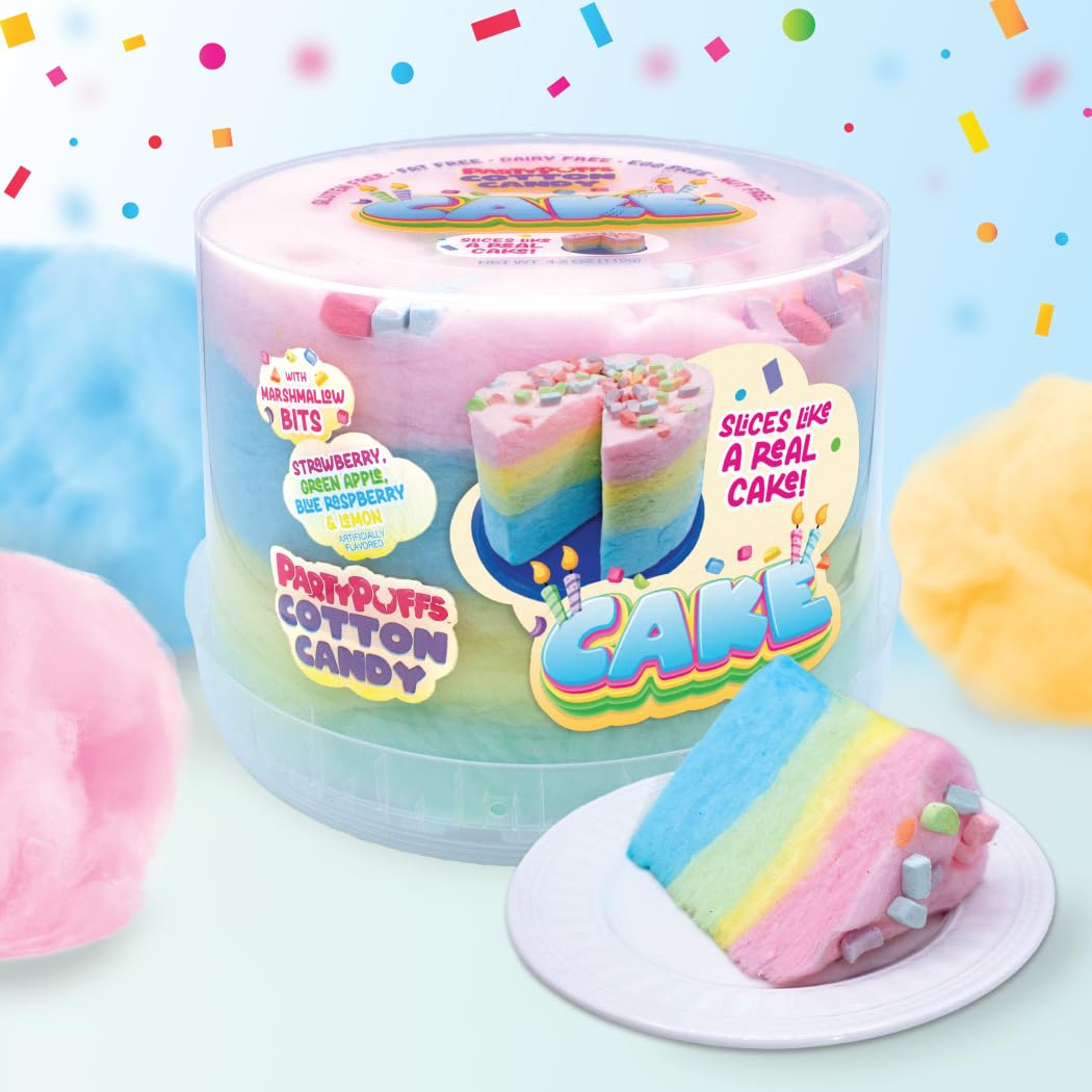 PartyPuffs Cotton Candy Cake - 4 Servings - Sliceable Celebration Cake With Strawberry Blue Raspberry Lemon & Green Apple Flavors - Fun Party Dessert With Crunchy Marshmallow Bits - Gluten-Free Treat & Made in USA - 4oz