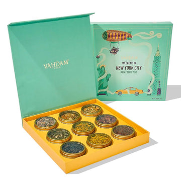 VAHDAM, Weekend In New York Tea Gift Sets Travel Edition Gift Box | 9 Varieties - Green Tea, Herbal Tea & Black Tea | Gluten Fre