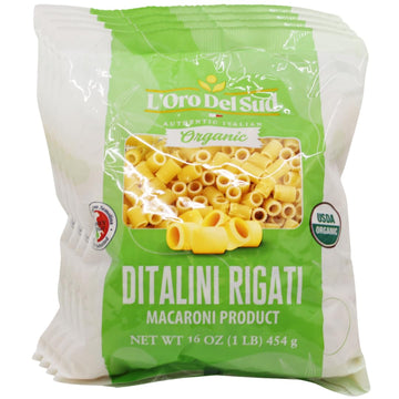 L'Oro Del Sud Organic Ditalini Pasta, 100% Durum Wheat, Ditali Italian Pasta, Tubetti Premium Quality Product of Italy, 16 Ounce