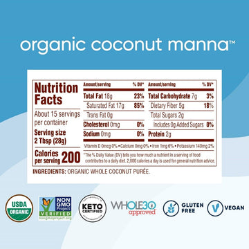 Nutiva Organic Coconut Manna Pur ed Coconut Butter, 15 Oz (Pack of 2), USDA Organic, Non-GMO, Whole 30 Approved, Vegan, Gluten-
