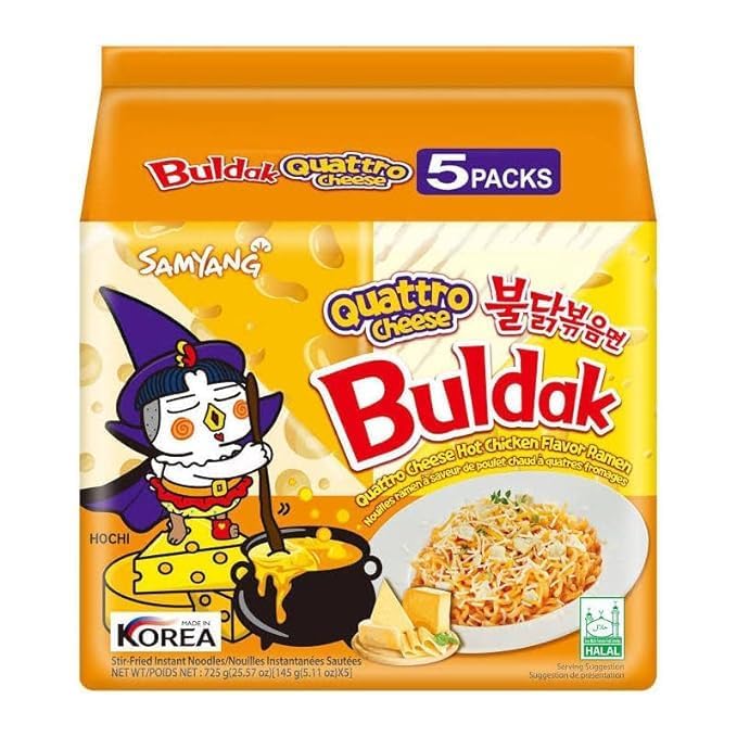Samyang Quattro Cheese Pasta Buldak Chicken Flavor Ramen - A Spicy Cheesy Delight - 25.5 Oz (Bag Of 5) (Pack Of 1)