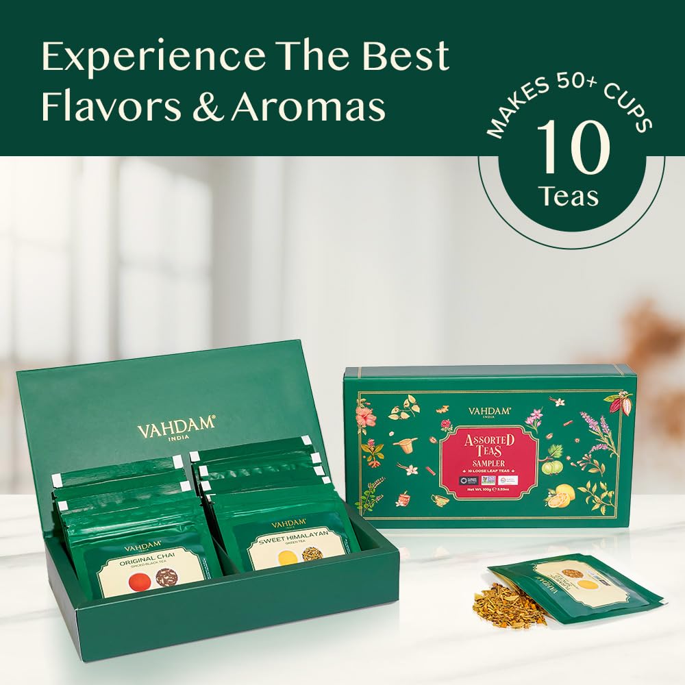 VAHDAM, Assorted Loose Leaf Tea Sampler (10 Teas, 50 Servings) Non-GMO, Gluten Free | Whole Loose Leaf Tea Sampler | Tea Variety