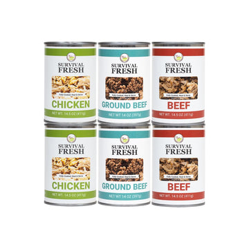 Survival Fresh Mixed Canned Meat - All Natural Canned Meat 2 Beef, 2 Chicken, 2 Ground Beef - Emergency Survival Meal 14.5oz Sma