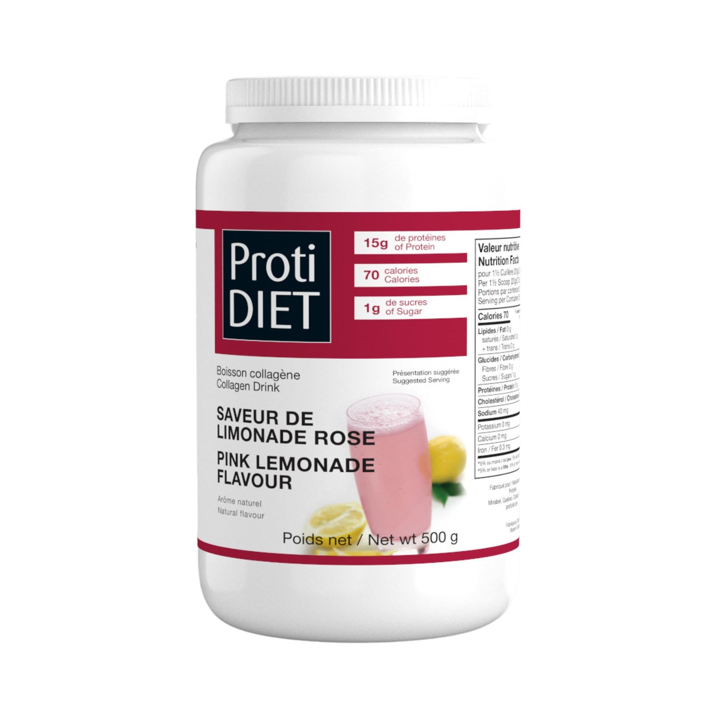 ProtiDIET High Protein Drink Mix - Pink Lemonade - 1.1 lb - Fat Free, Low Sugar, Collagen Infused, 25 Servings