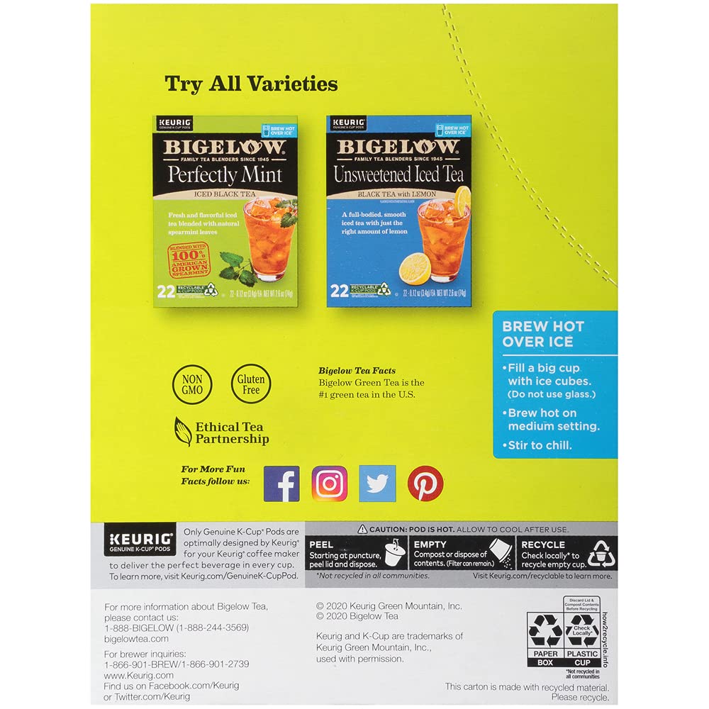 Bigelow Tropical Iced Green Tea, K-Cup, 0.10 Oz, 22/Box