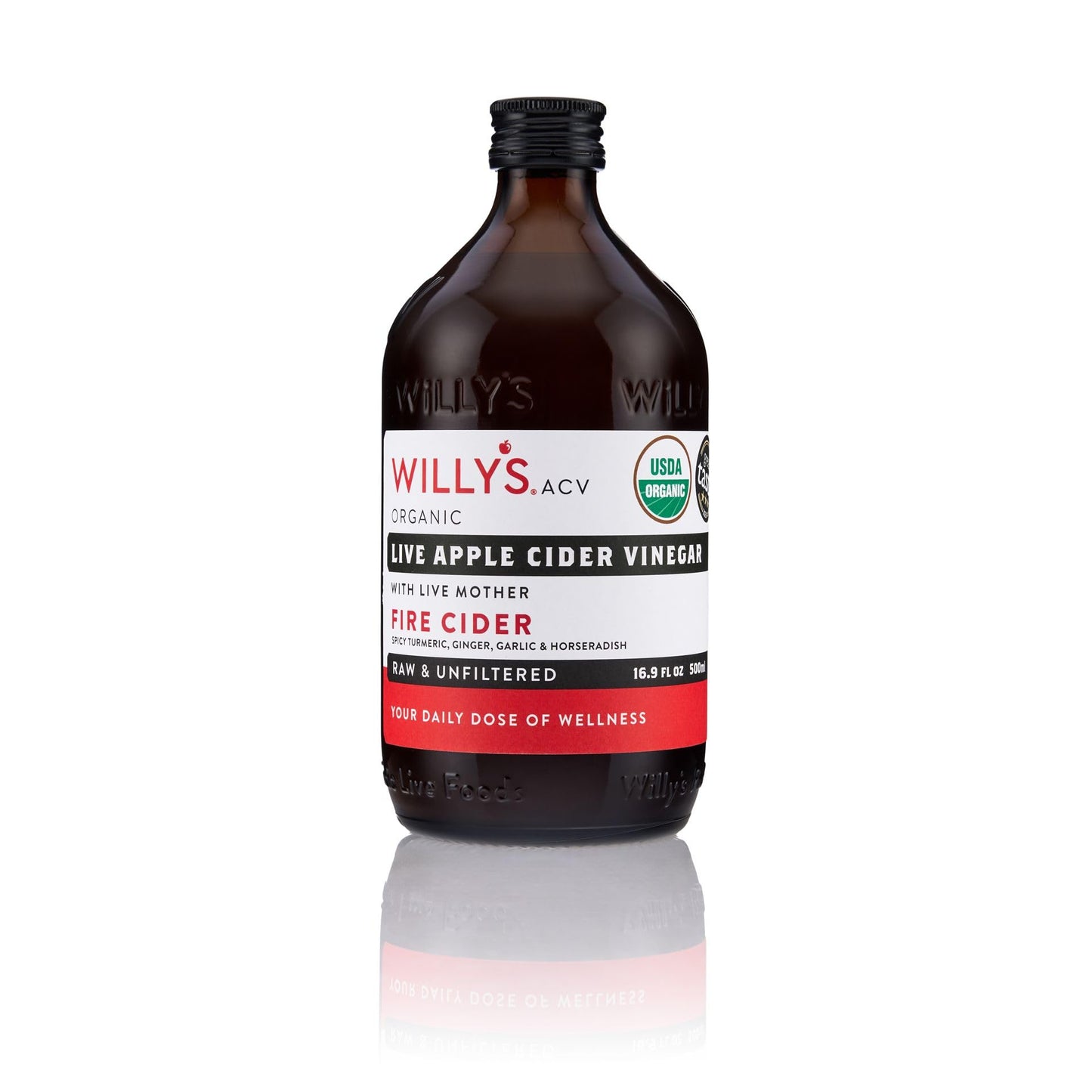 WILLYS Organic Live Fire Cider - Apple Cider Vinegar with Garlic, Onion, Turmeric, Ginger, Honey, Cayenne - 16.9 Fl Oz Glass Bottle