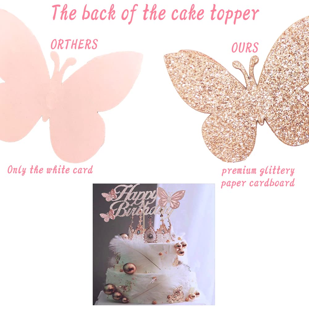 HaakLux Rose Gold Butterfly Cake Topper Set, Paper, Includes 20 Pink Cupcake Toppers, Happy Birthday Party Decor