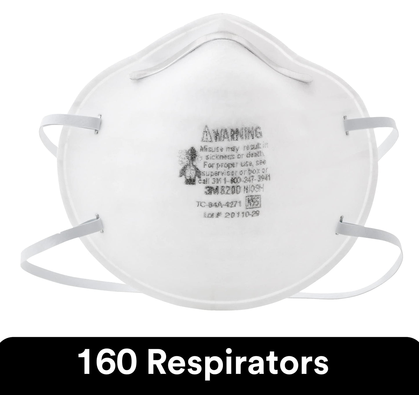 3M N95 Particulate Respirator 8200, 160/Case, Niosh Approved, Disposable, Sweeping, Sanding, Grinding, Sawing, Bagging, Dust, 8 Packs Of 20 Respirators