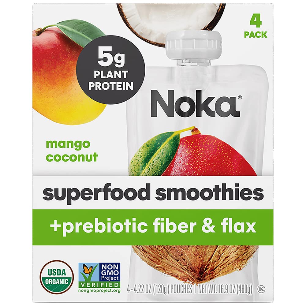 Noka Superfood Smoothie Pouches (Mango Coconut) 4 Pack, with Plant Protein, Prebiotic Fiber & Flax Seed, Organic, Gluten Free, V