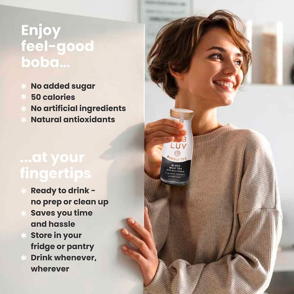Bubluv Low Sugar Bubble Tea - Black Milk Tea With Low-Carb Jelly Pearls - Ready-To-Drink Zero Sugar Boba Tea In A Glass Bottle,
