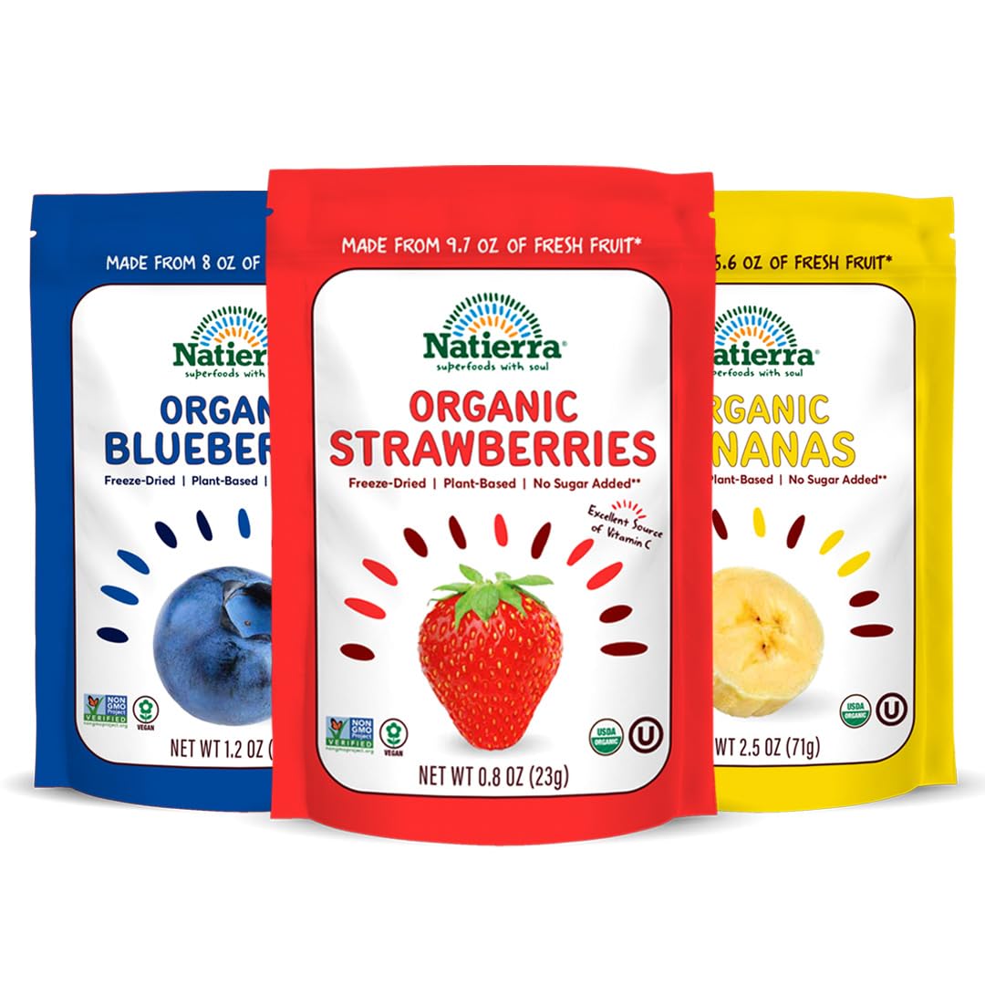 Natierra Organic Freeze-Dried Blueberries, Bananas & Strawberries | Usda Organic, Non-Gmo & Vegan, Gluten Free, No Additives, No Sugar Added | Variety Pack (Pack Of 3)