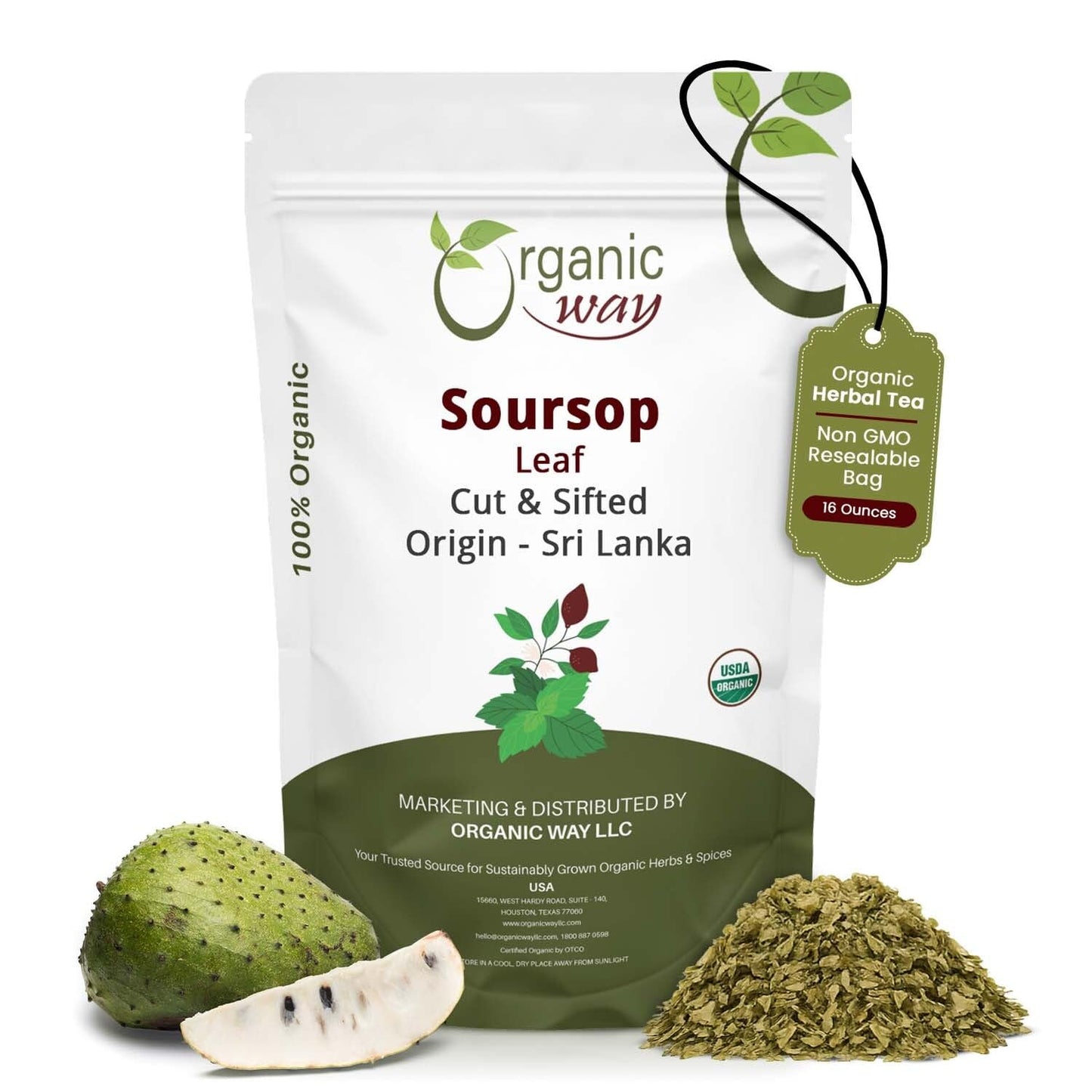 Organic Way Dried Soursop Leaf Coarse Cut (Annona Muricata) - Herbal Tea | Vegan Non Gmo & Gluten Free | Kosher Certified & Resealable Bag | 100% Raw From Sri Lanka (1Lb 16 Oz)