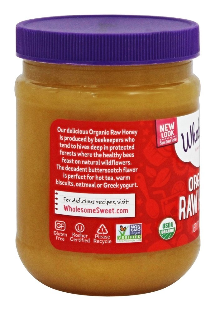 Wholesome Sweeteners 16-Ounce Organic Raw Unfiltered Honey Jar, 100% Pure, Fair Trade Certified, Non GMO Project Verified, & Glu