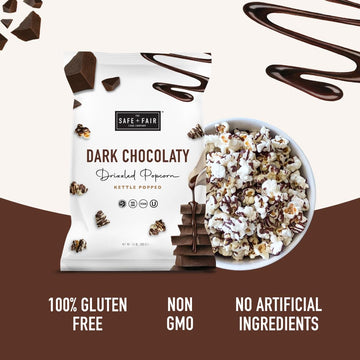 Safe + Fair Food Company Plant-Based Gourmet Chocolate Flavored Popcorn - Dark Chocolaty Drizzled Kettle Corn popcorn - Non-GMO