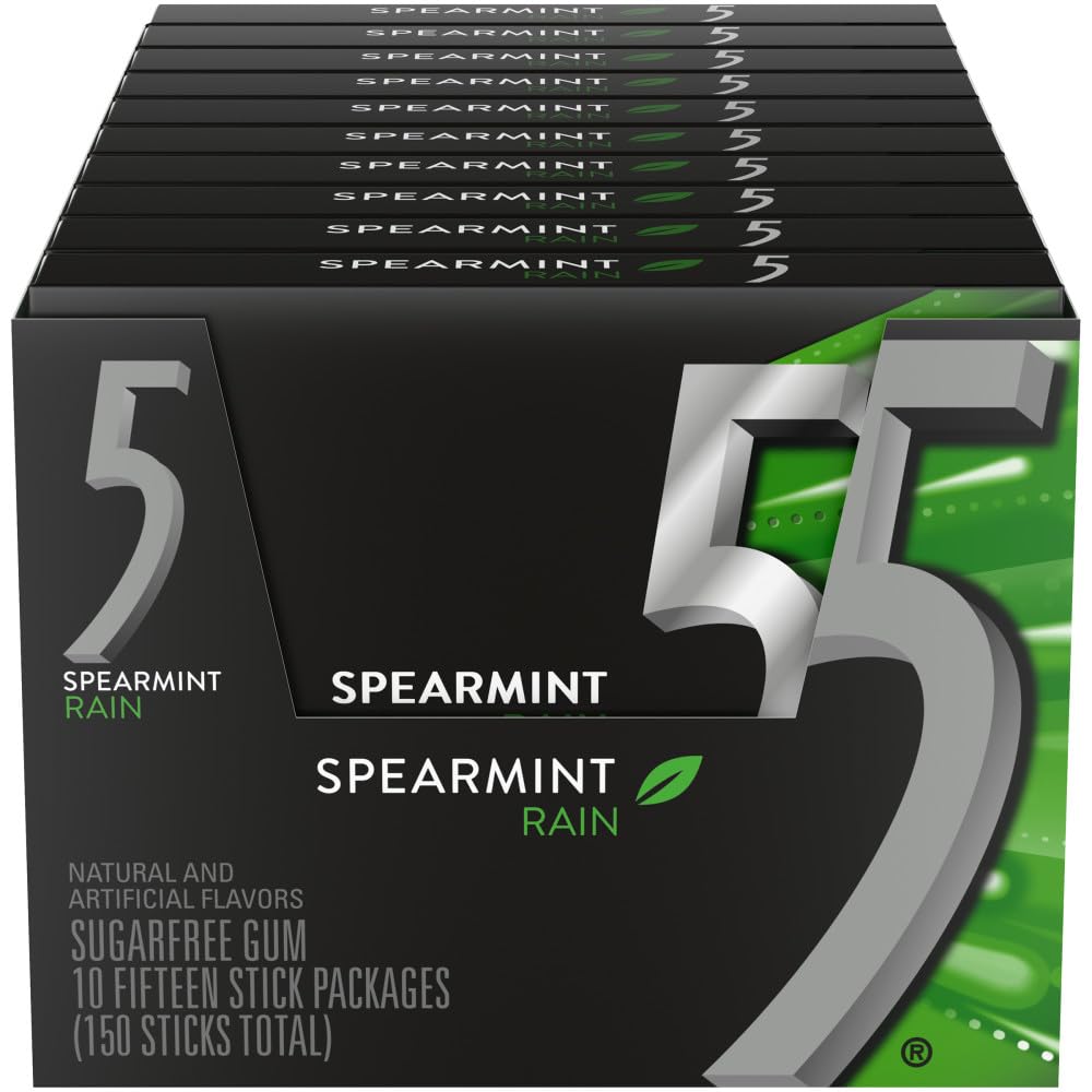 5 Gum Spearmint Rain Sugar Free Chewing Gum Bulk, 15 Stick Box (Pack of 10)