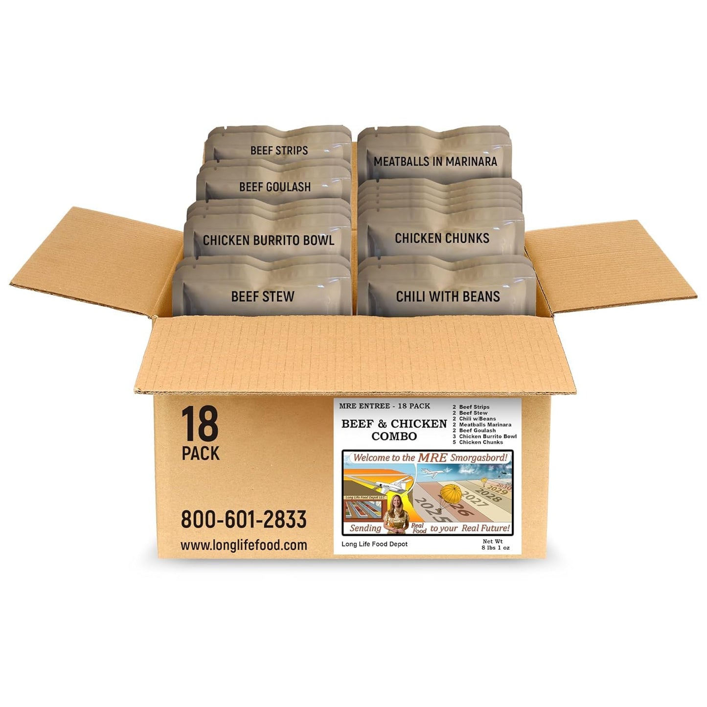 MRE Entrees Variety Pack (18-Pack) - Beef and Chicken Combo - Long Shelf Life - 2023+ Production Dates by Long Life Food Depot -