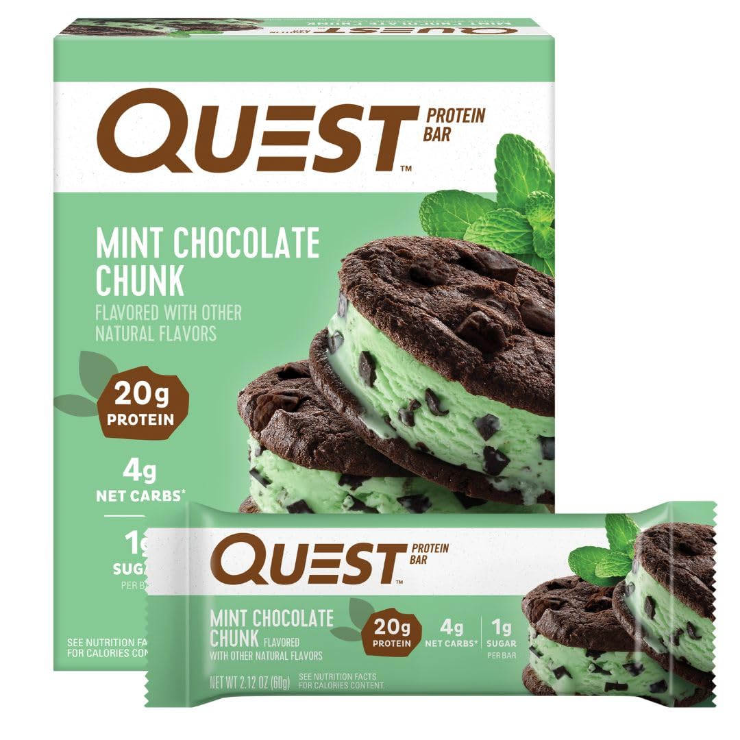 Quest Nutrition Mint Chocolate Chunk Protein Bars, 20g Protein, 1g Sugar, 4g Net Carb, Gluten Free, Keto Friendly, 4 Count