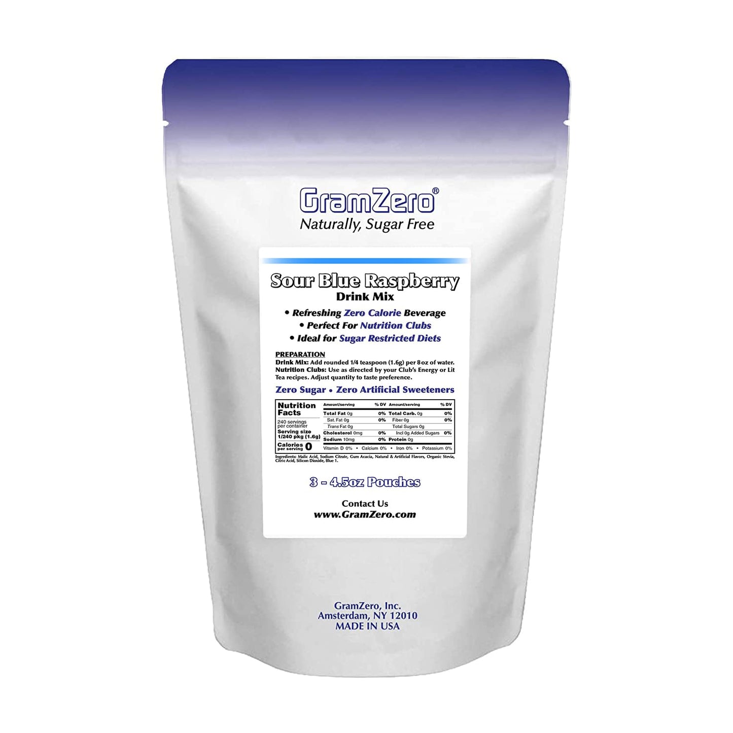 Gramzero Sour Blue Raspberry Zero Calorie Sugar Free Drink Mix, Great For Nutrition Club Loaded Tea, Stevia Sweetened