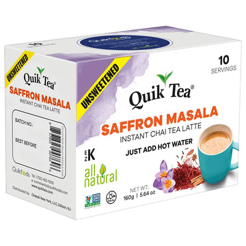 Quiktea Unsweetened Saffron Masala Chai Tea Latte Powder- 10 Count Single Box - All Natural Sugar Free Instant Chai Tea Mix- Jus
